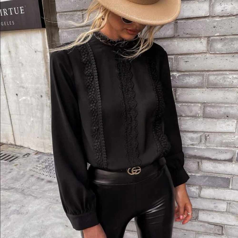 Long sleeve lace Keyhole elegant blouse boho black - Picture 4 of 5